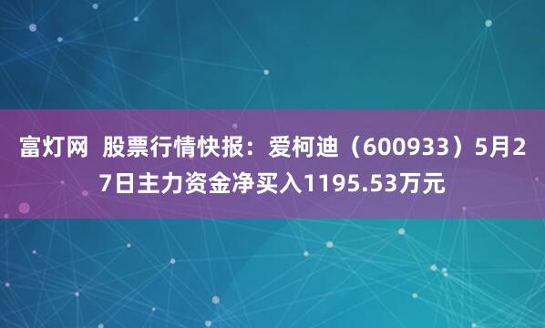 富灯网  股票行情快报：爱柯迪（600933）5月27日主力资金净买入1195.53万元